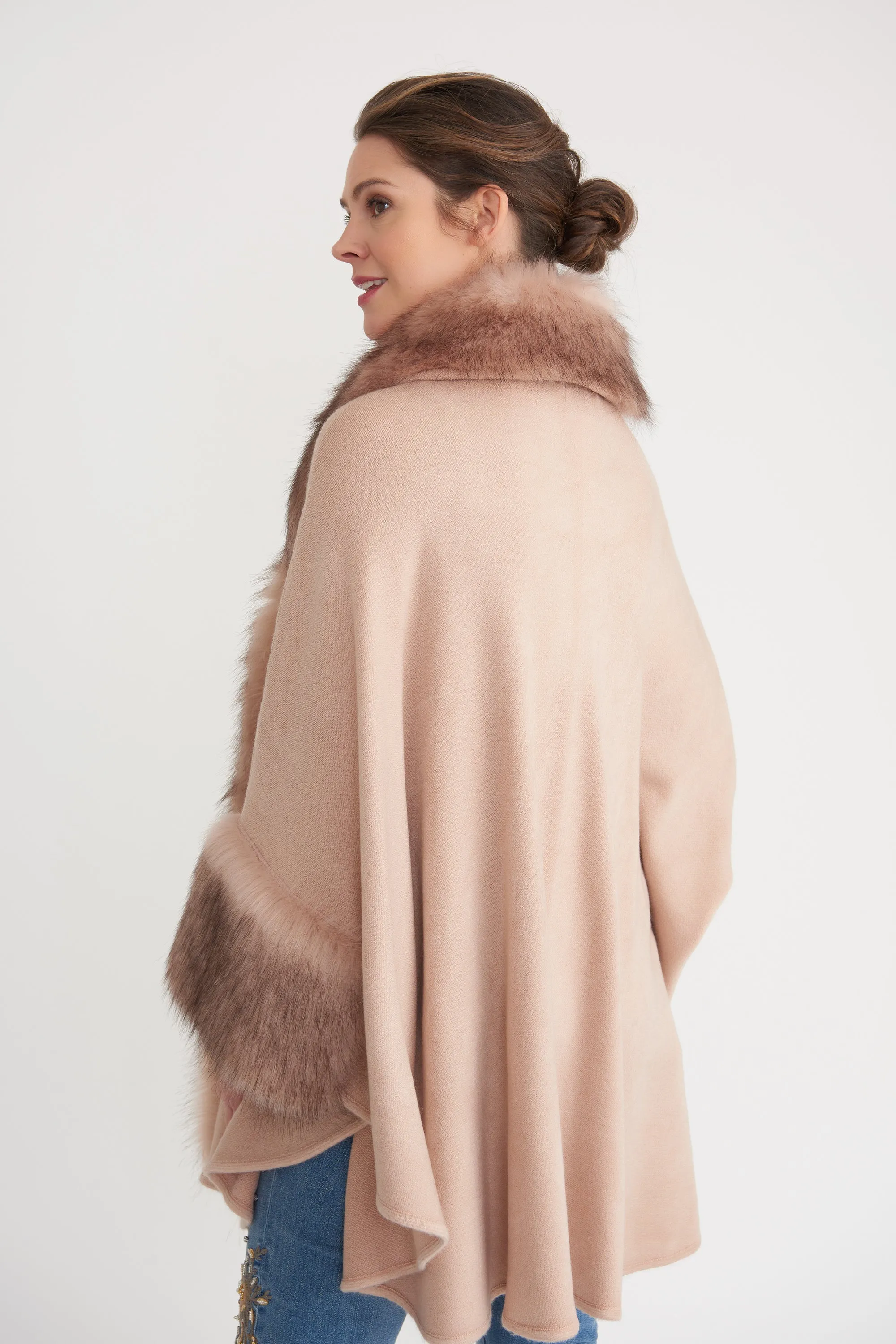 Poncho with Faux Fur Trim