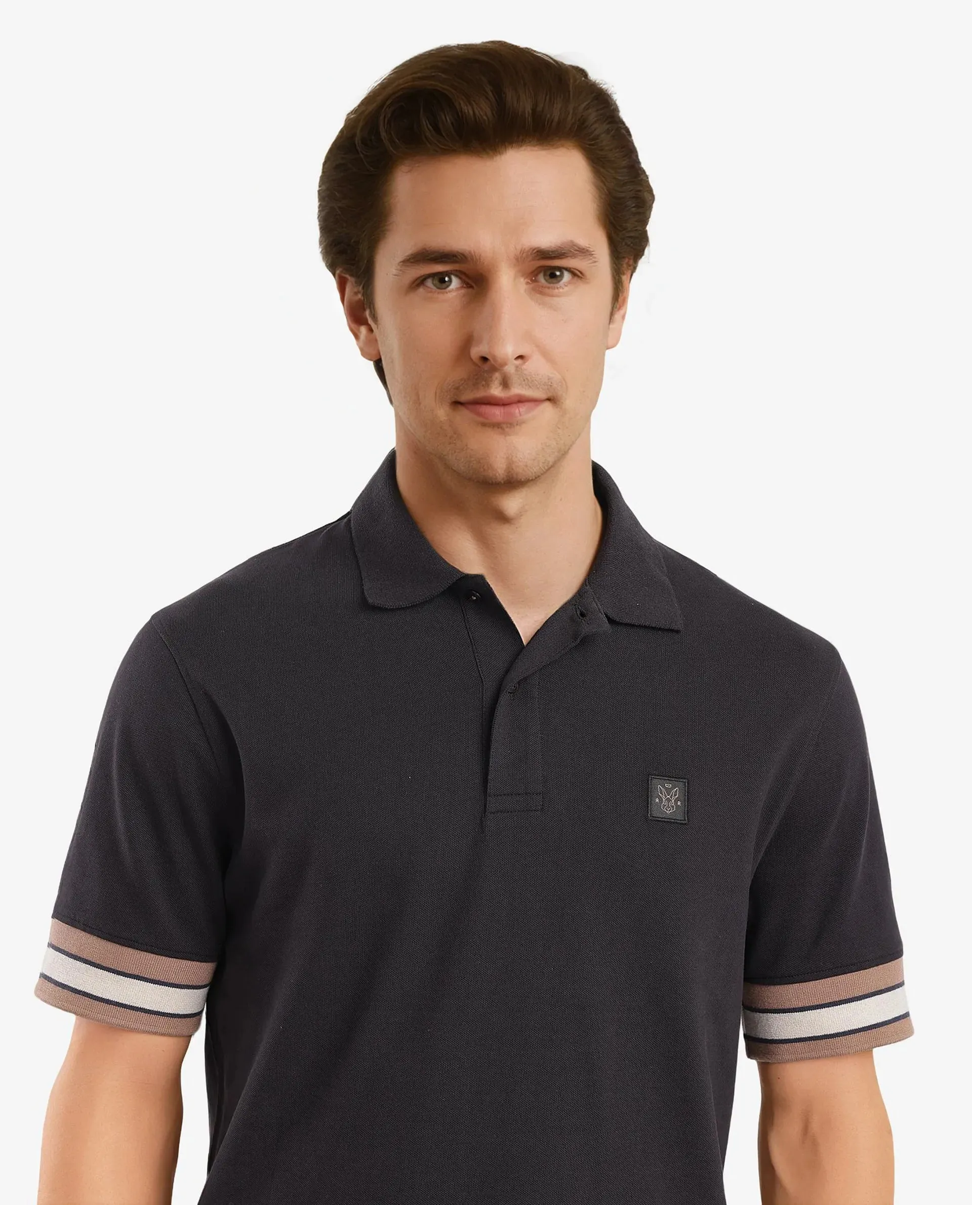 Rare Rabbit Men Tao Black Short Sleeve Collared Neck Plain Polo