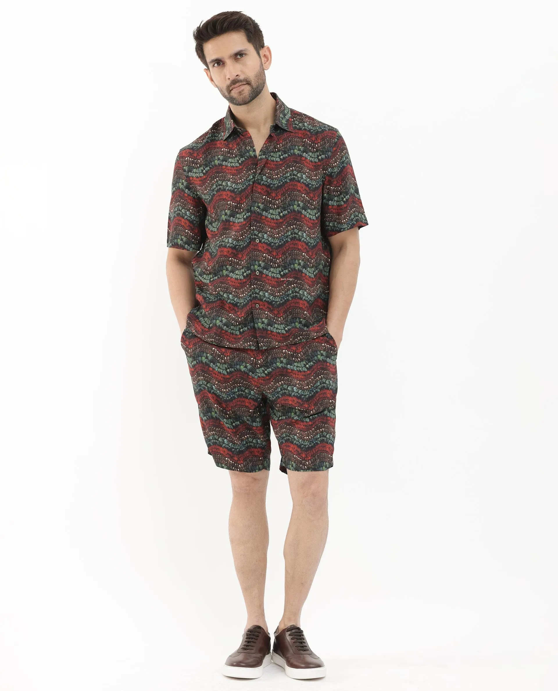 Rare Rabbit Men's Frakin Brown Viscose Fabric Knee Length Tropical Print Shorts