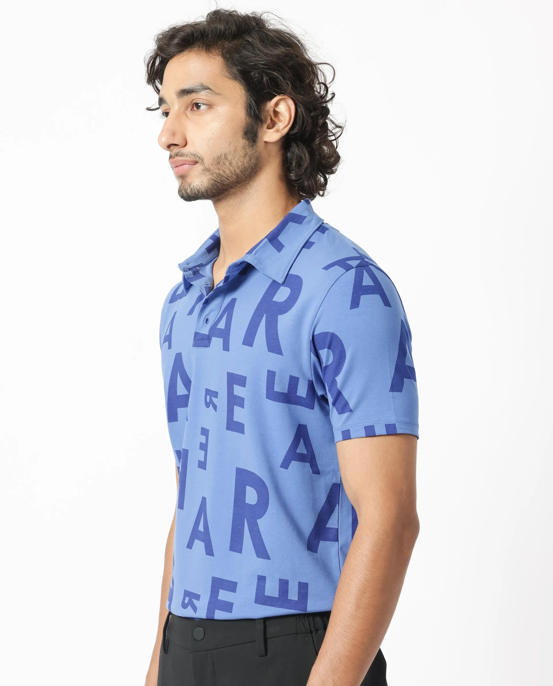 Rare Rabbit Men's Rocha Dark Blue Cotton Lycra Fabric Collared Neck Half Sleeves Statement Polo T-Shirt