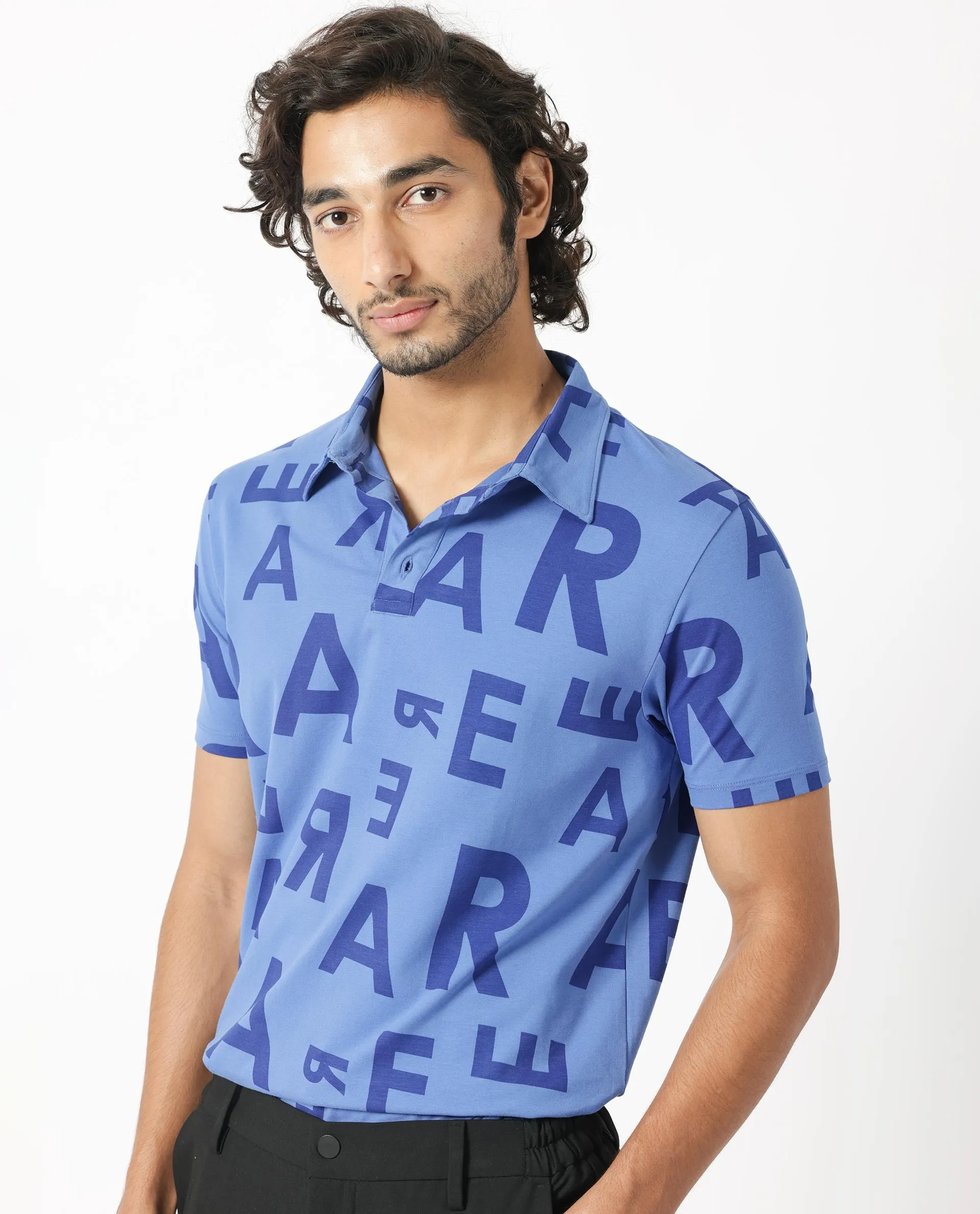 Rare Rabbit Men's Rocha Dark Blue Cotton Lycra Fabric Collared Neck Half Sleeves Statement Polo T-Shirt