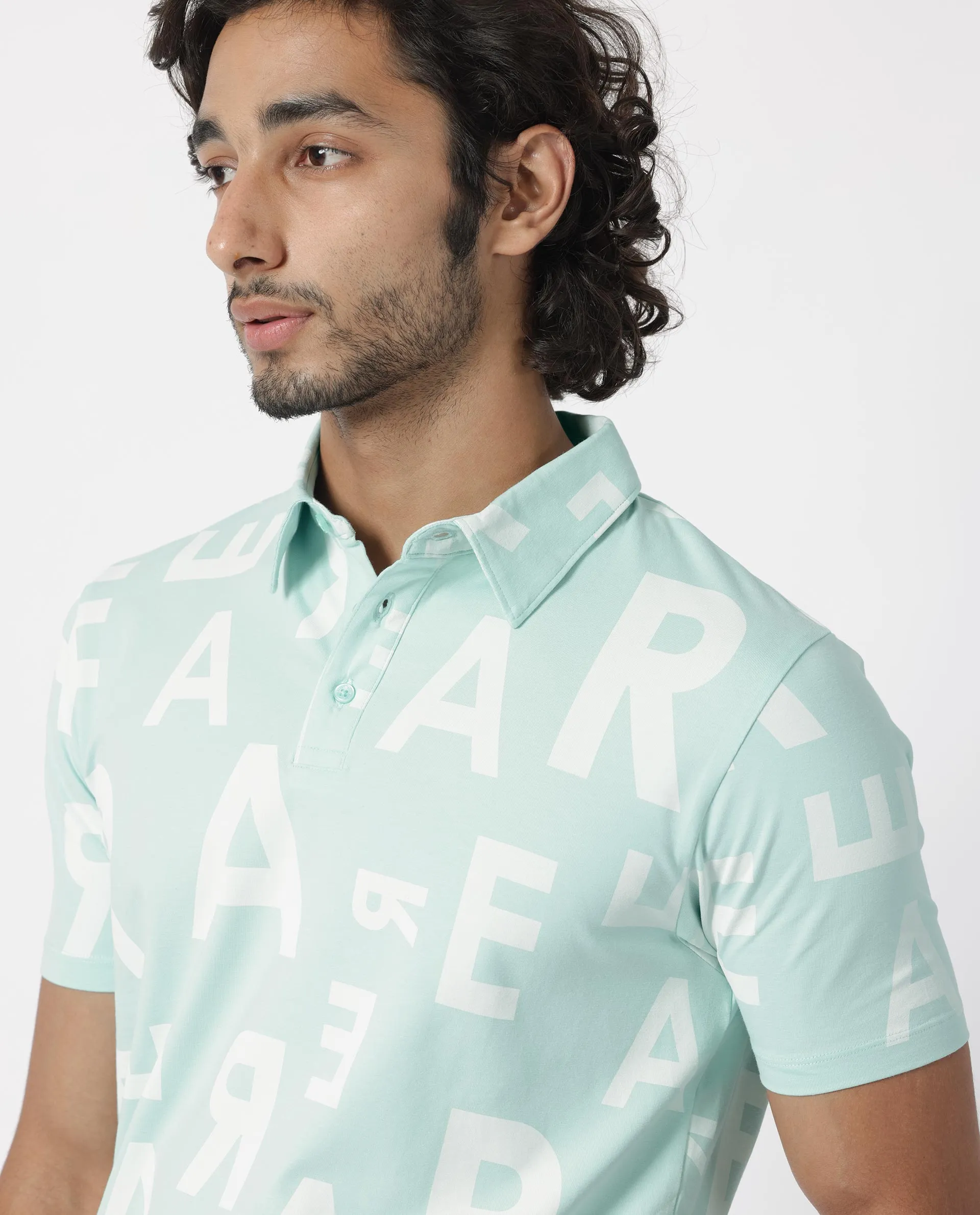 Rare Rabbit Men's Rocha Light Turq Cotton Lycra Fabric Collared Neck Half Sleeves Statement Polo T-Shirt