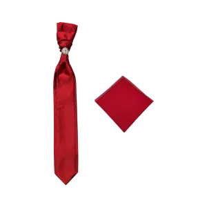 Red Fashion Design Necktie  Cravat with Sliver Diamonds Ring and Handkerchief Set