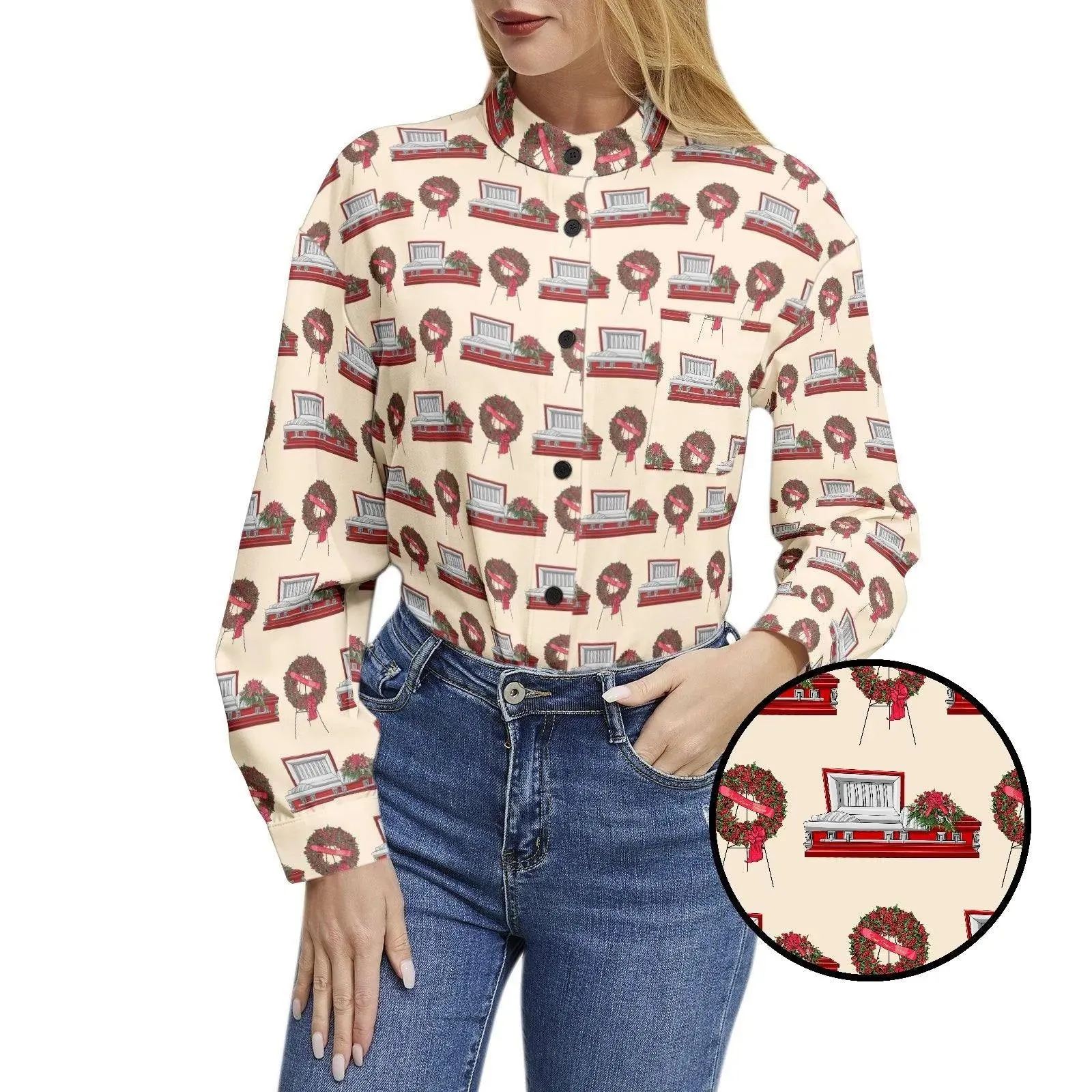 Red Rose Casket & Wreath Easel on Papaya Whip - Long Sleeve Blouse