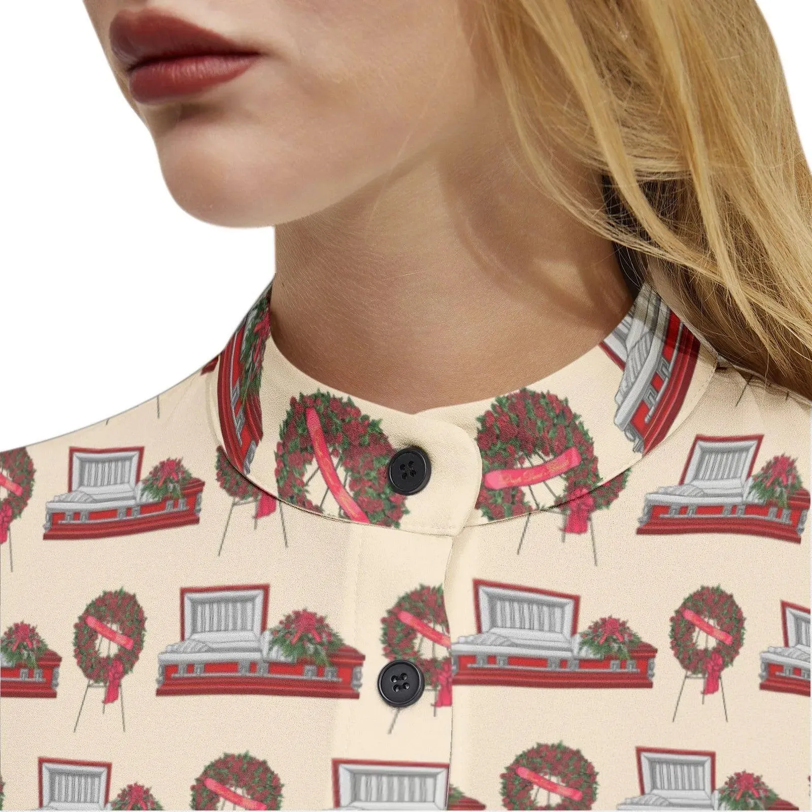Red Rose Casket & Wreath Easel on Papaya Whip - Long Sleeve Blouse