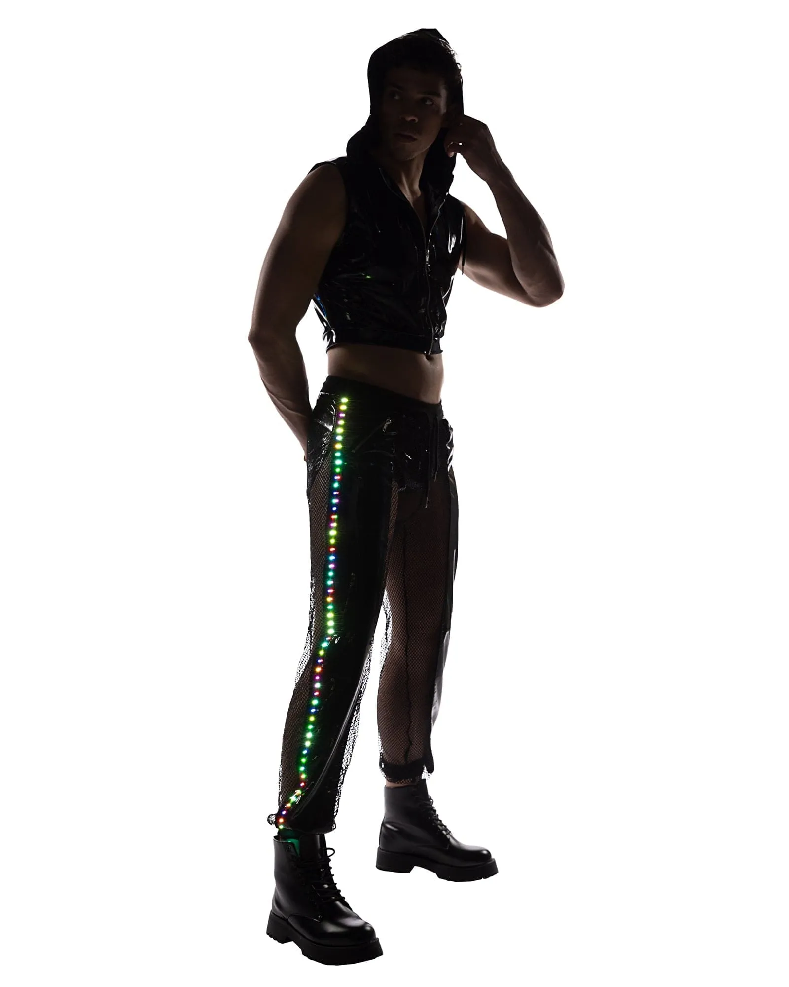 Sexy Men's Vinyl w/ Iridescent Print Cropped Zip-Up Hooded Sleeveless Jacket