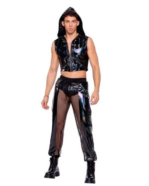Sexy Men's Vinyl w/ Iridescent Print Cropped Zip-Up Hooded Sleeveless Jacket