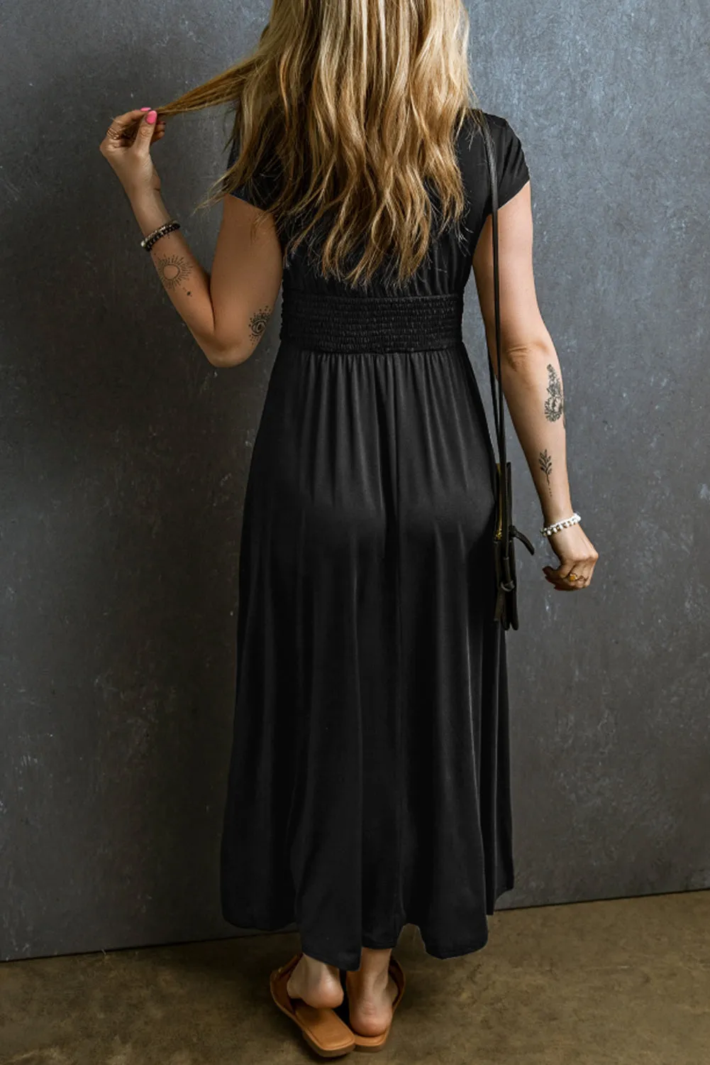 Shirred High Waist Maxi Dress