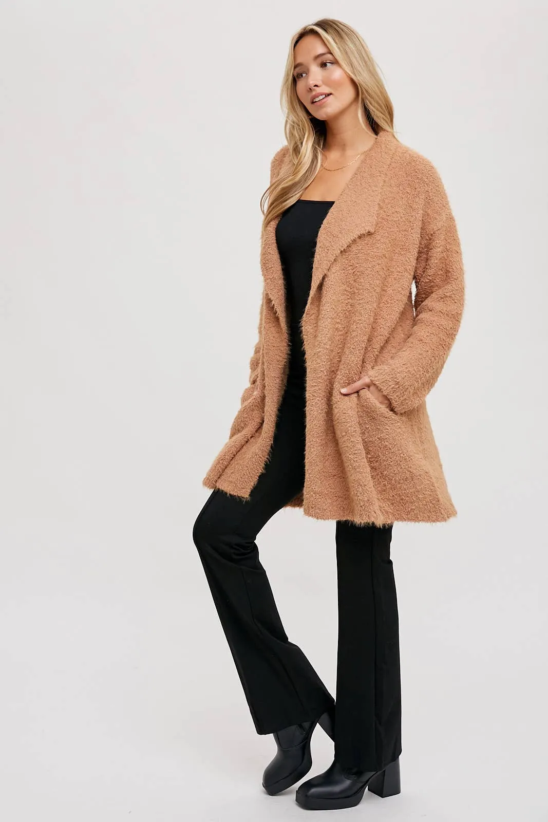 SOFT FUZZY DRAPE FRONT CARDIGAN: MUSHROOM