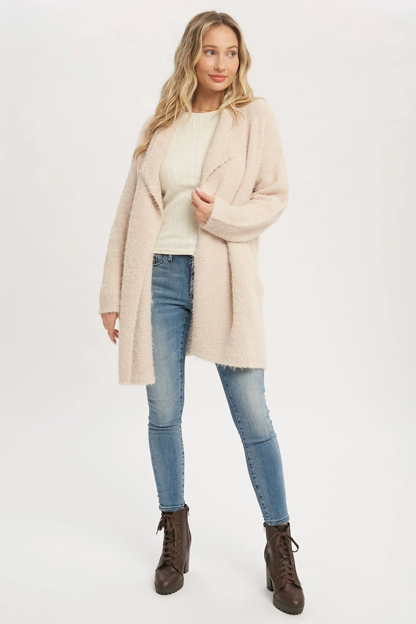 SOFT FUZZY DRAPE FRONT CARDIGAN: MUSHROOM