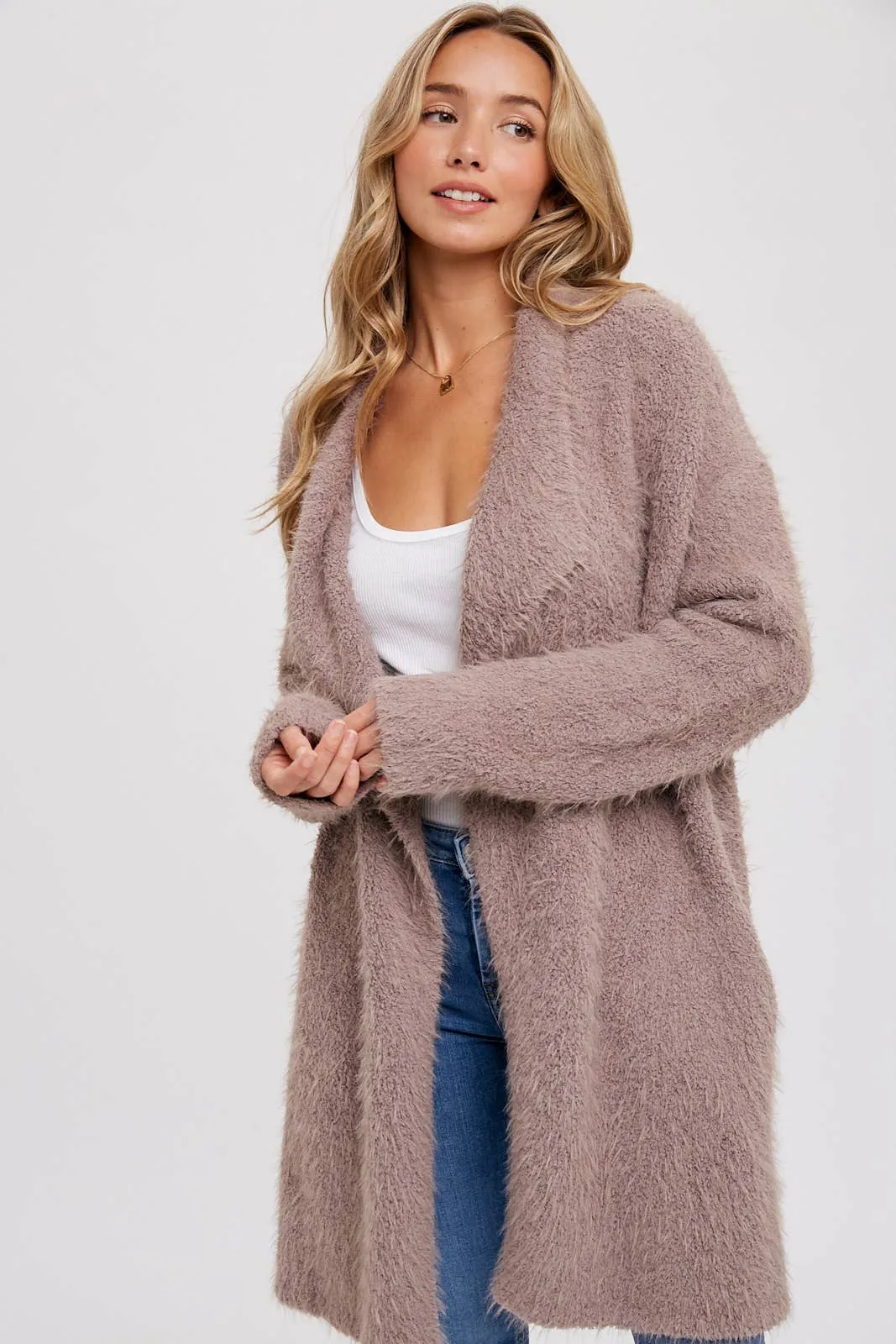 SOFT FUZZY DRAPE FRONT CARDIGAN: MUSHROOM