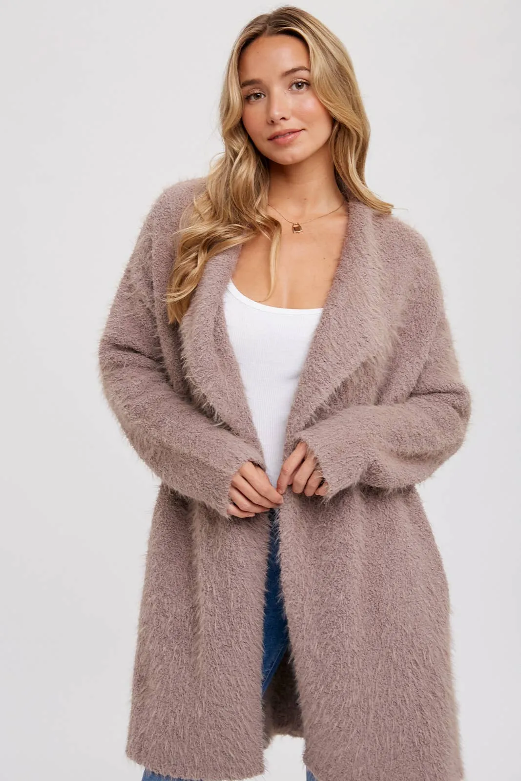 SOFT FUZZY DRAPE FRONT CARDIGAN: MUSHROOM