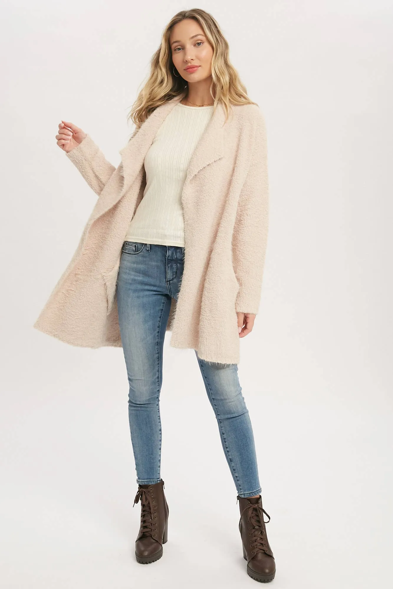 SOFT FUZZY DRAPE FRONT CARDIGAN: MUSHROOM