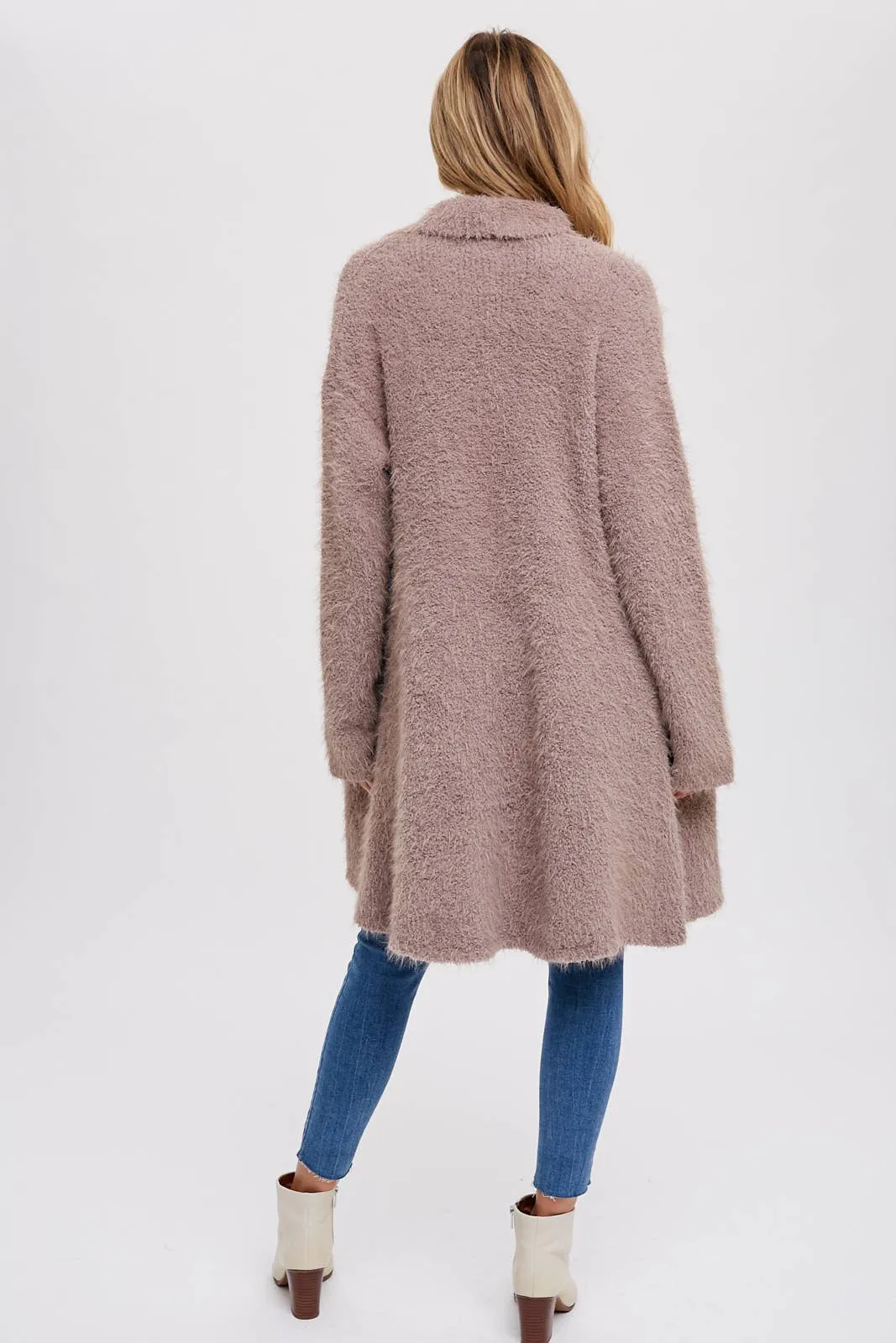 SOFT FUZZY DRAPE FRONT CARDIGAN: MUSHROOM