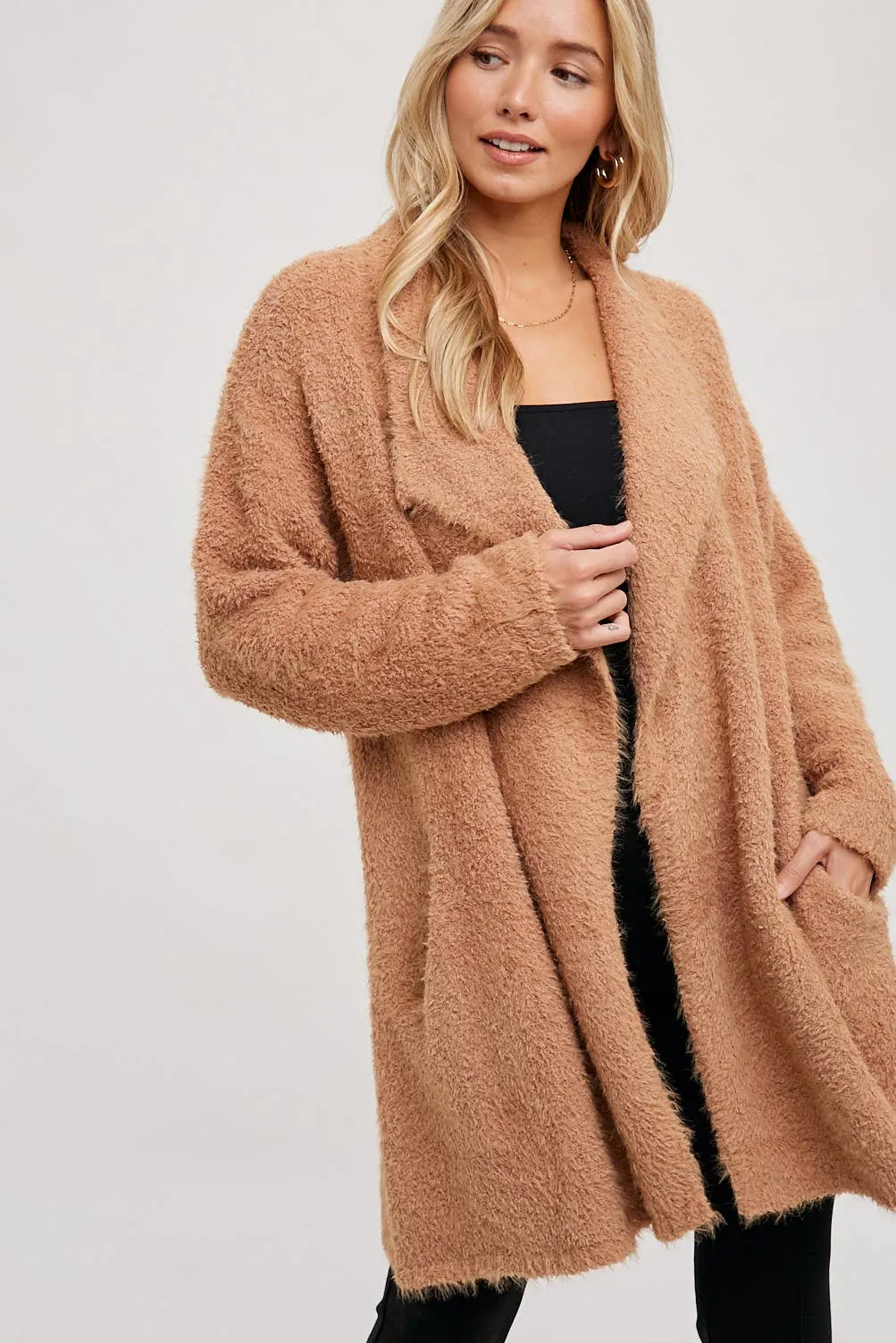 SOFT FUZZY DRAPE FRONT CARDIGAN: MUSHROOM