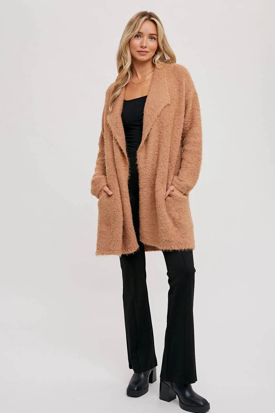 SOFT FUZZY DRAPE FRONT CARDIGAN: MUSHROOM