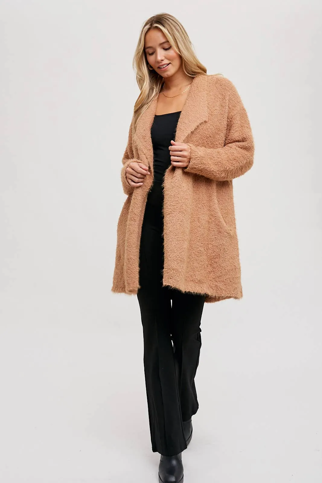 SOFT FUZZY DRAPE FRONT CARDIGAN: MUSHROOM