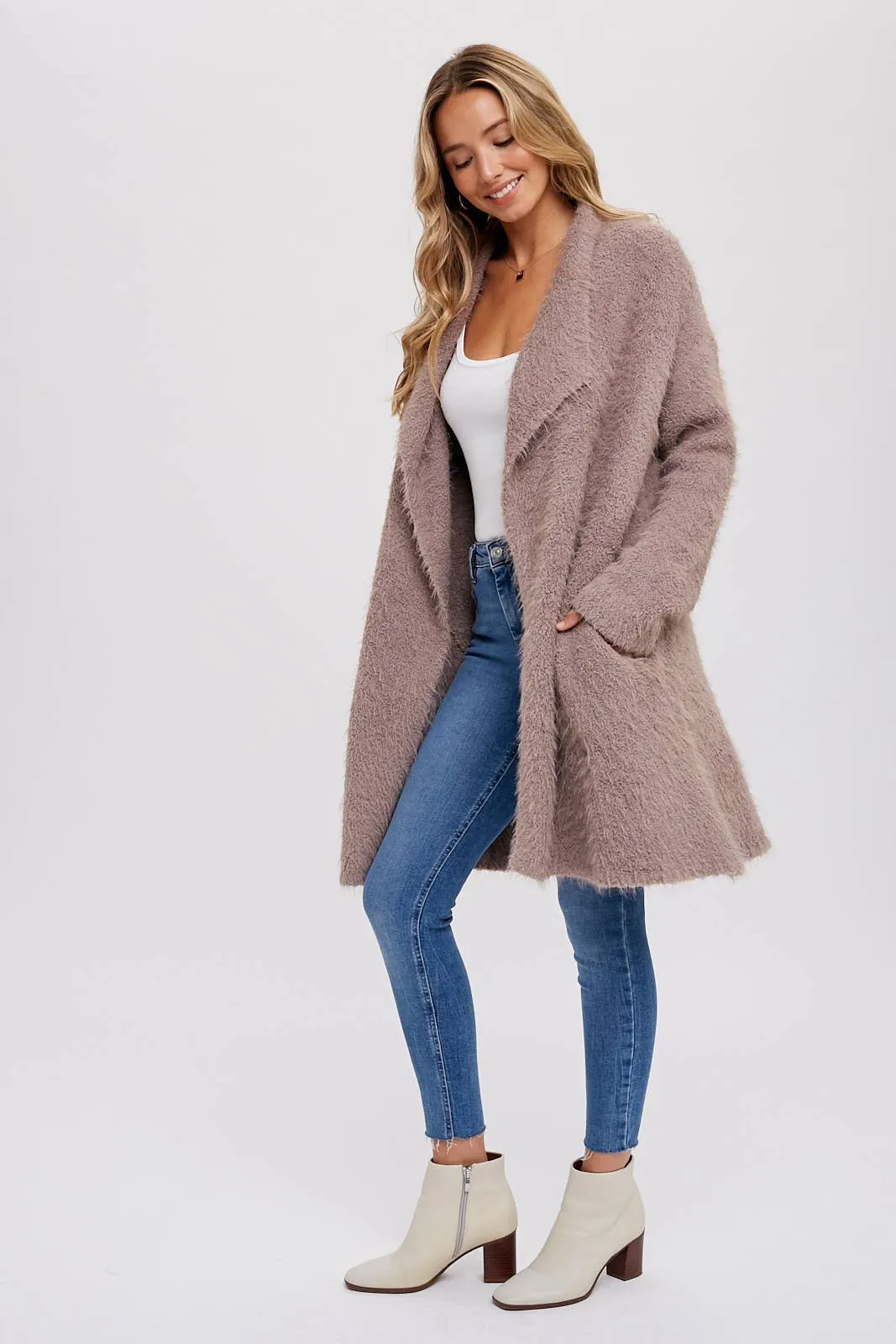 SOFT FUZZY DRAPE FRONT CARDIGAN: MUSHROOM