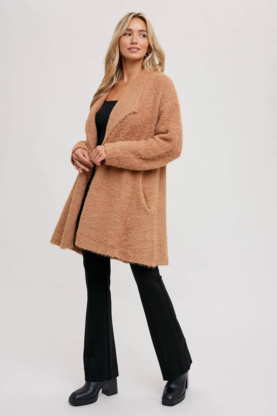 SOFT FUZZY DRAPE FRONT CARDIGAN: MUSHROOM