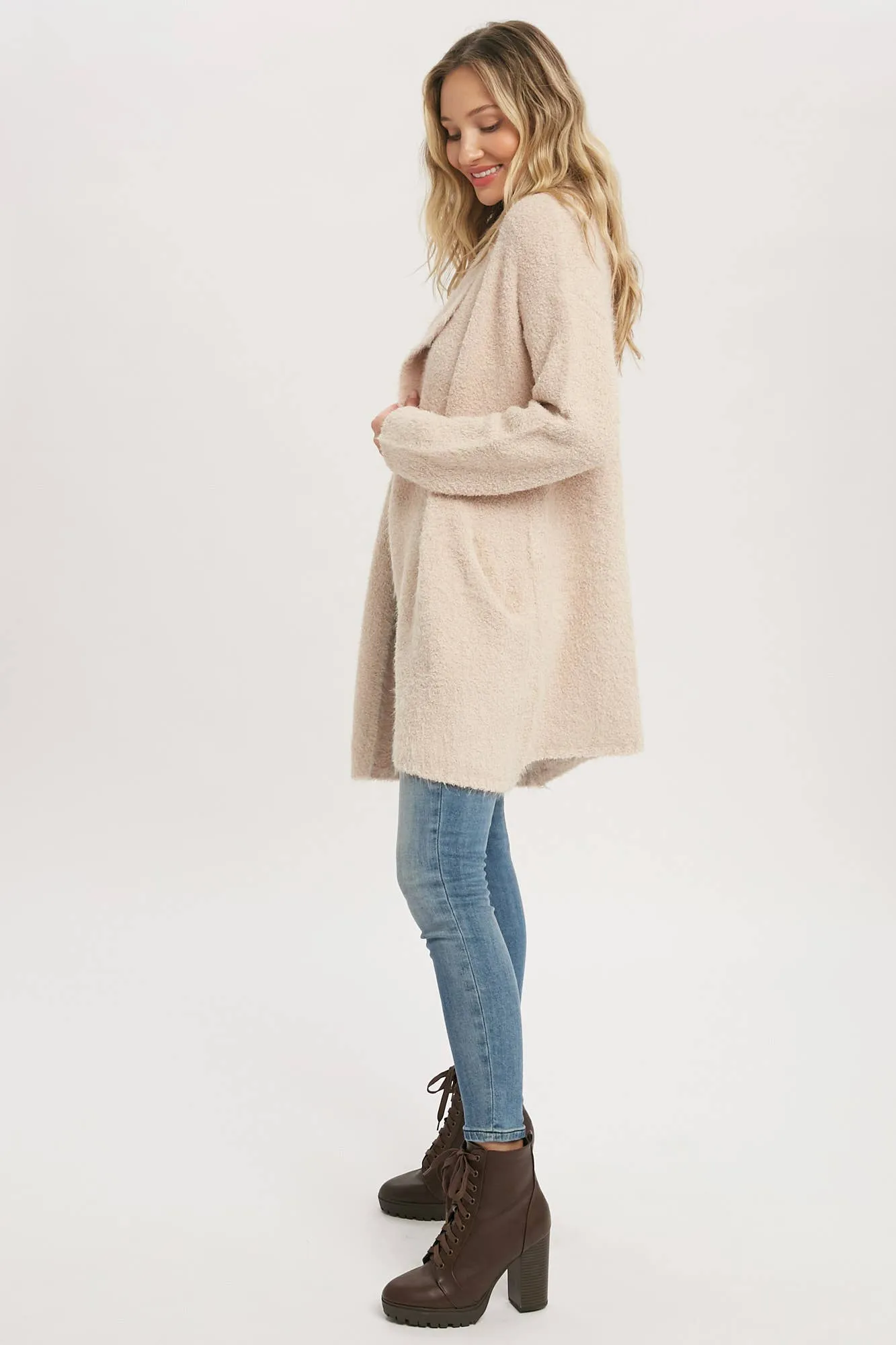 SOFT FUZZY DRAPE FRONT CARDIGAN: MUSHROOM
