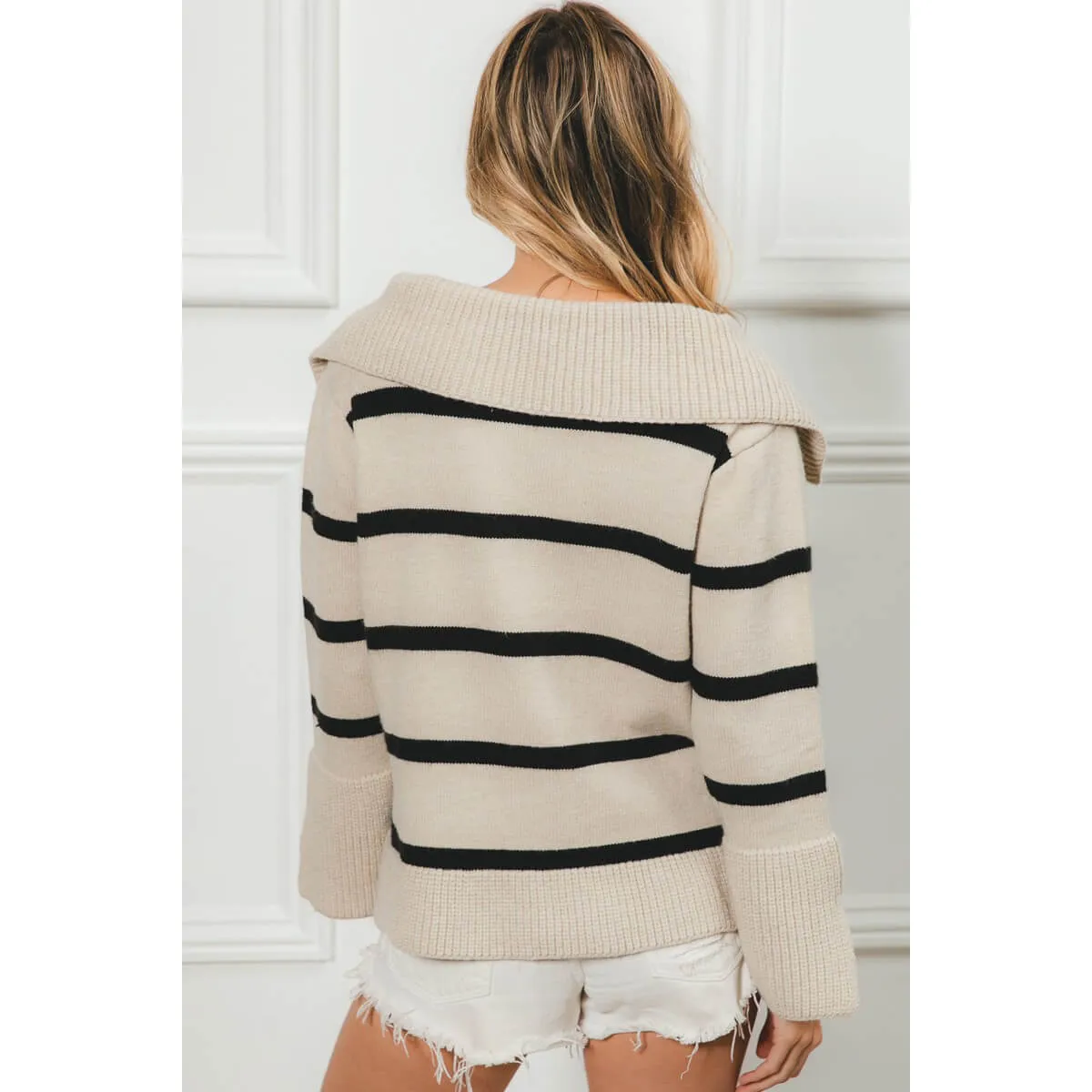 Striped Knit Collared V-Neck Top