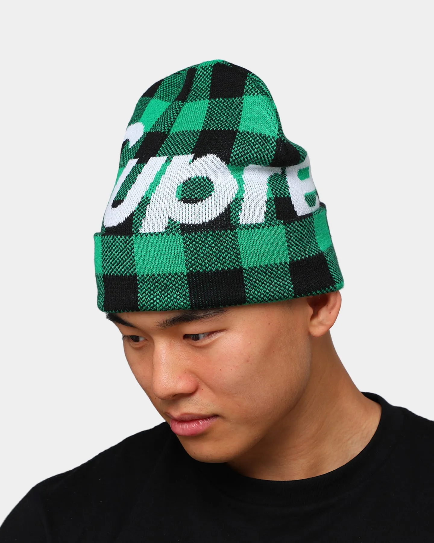 Supreme Big Logo Beanie Green Plaid