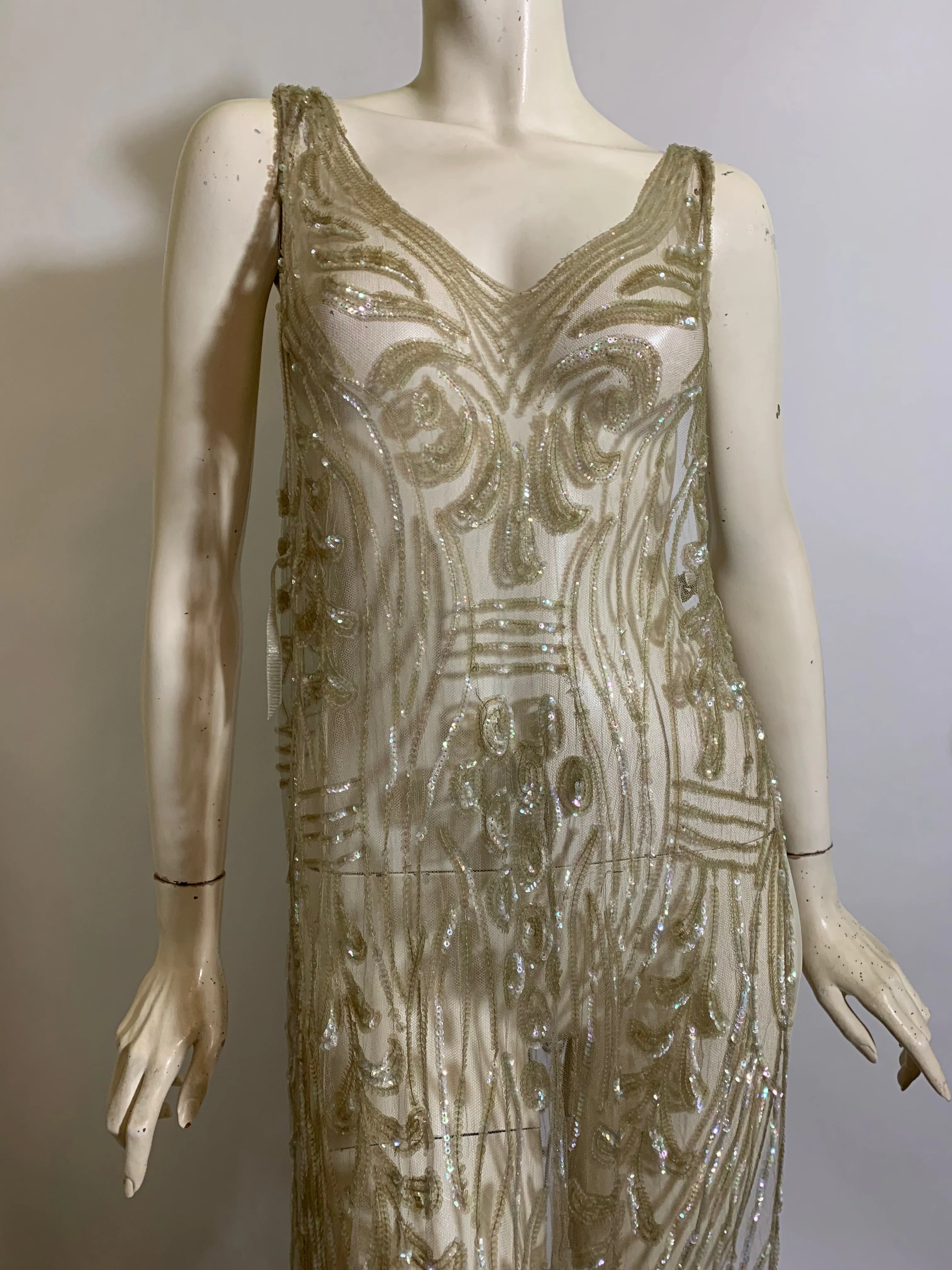 Timeless Iridescent Sequined and Beaded Sheer Netting Tabard Dress circa 1920s