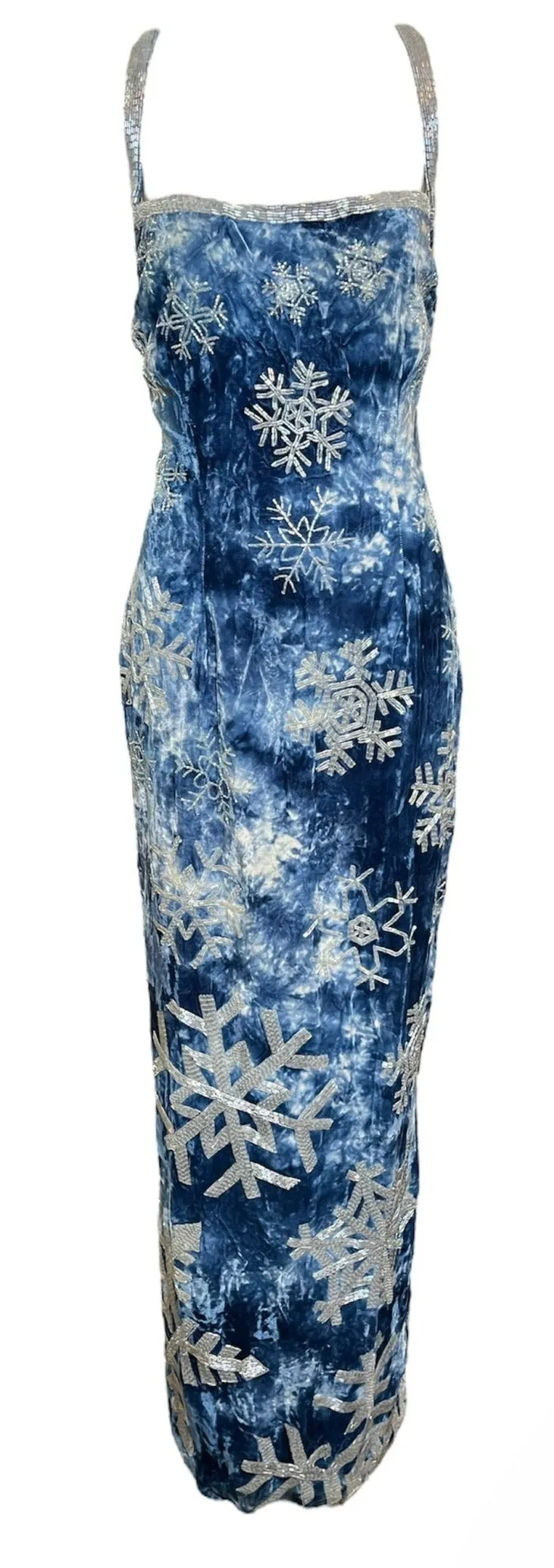 Todd Oldham Fall 1994 Super Rare Blue Velvet Gown with Beaded Snowflakes
