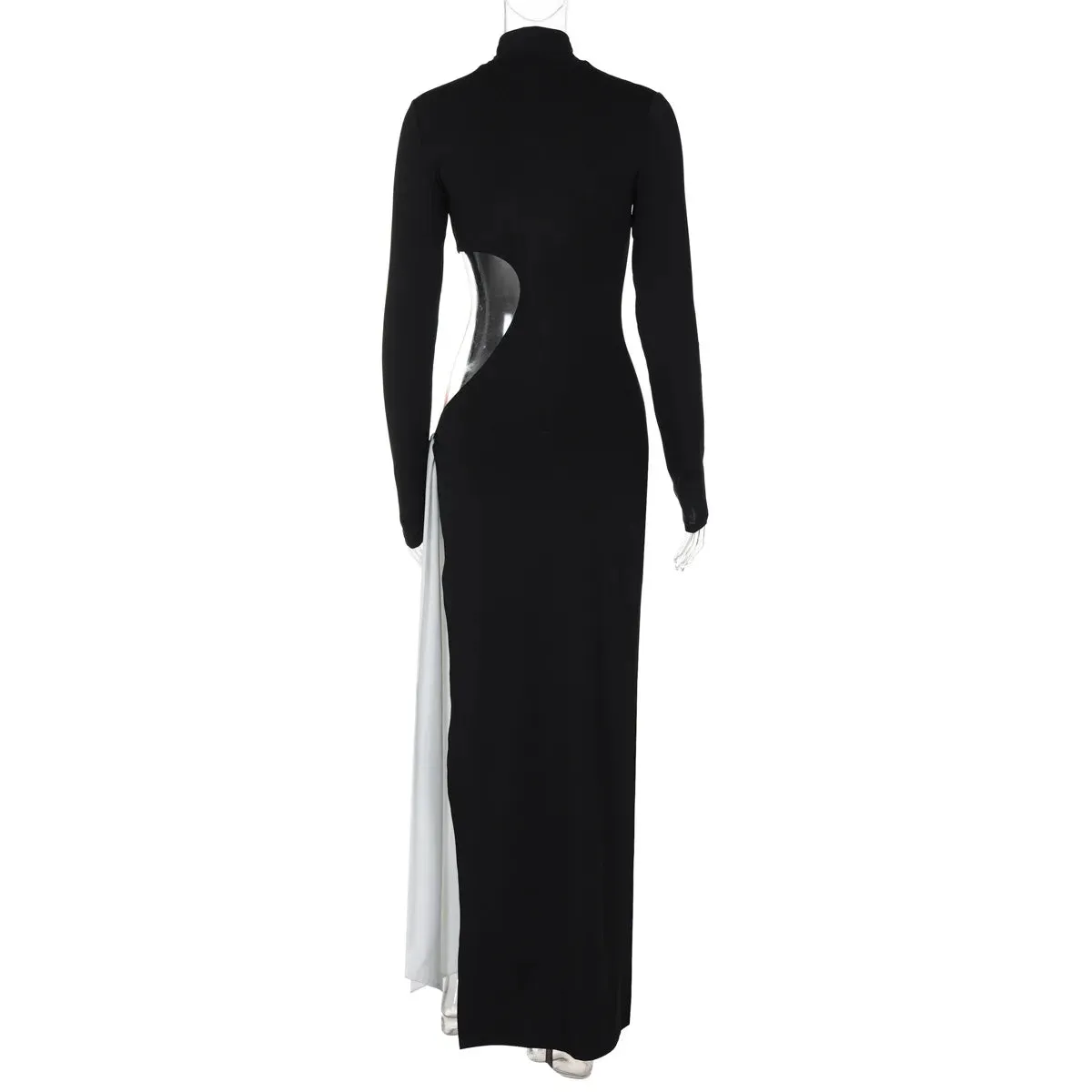 Turtleneck High Slit Contrast Color Ribbon Dress