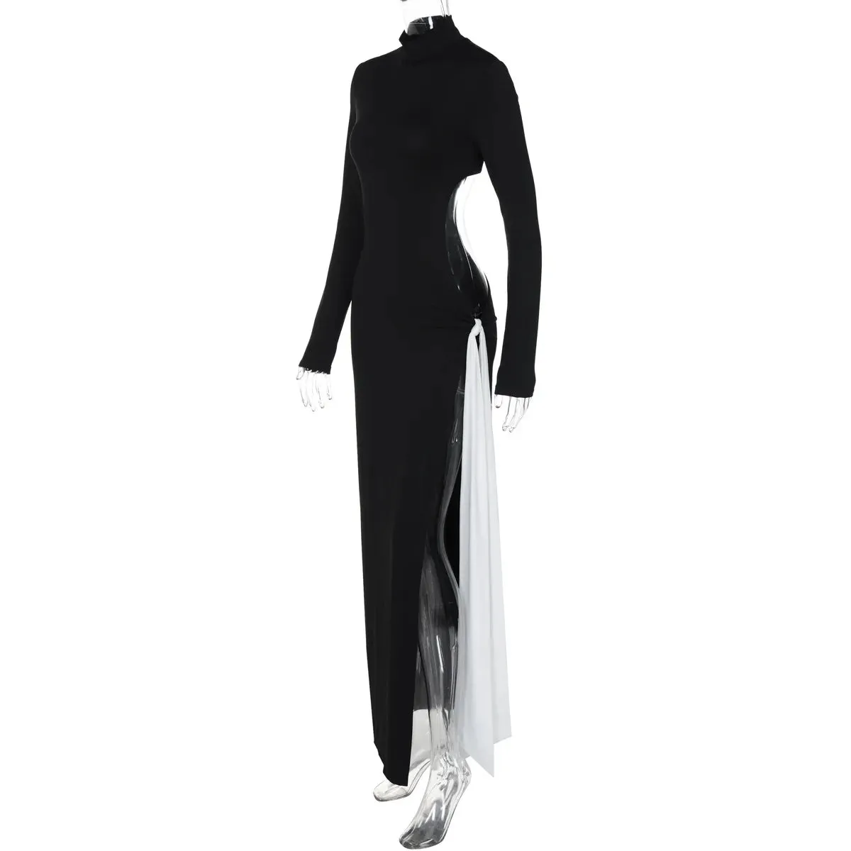 Turtleneck High Slit Contrast Color Ribbon Dress
