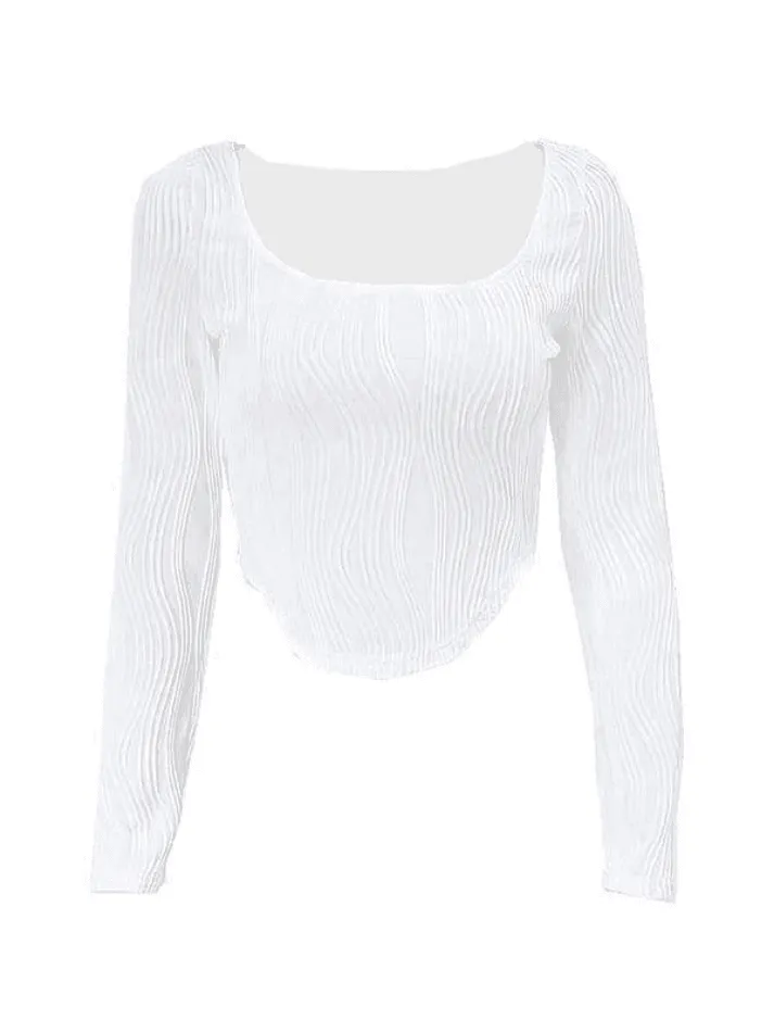 Uniwim Asymmetric Creped White Long Sleeve Crop Top