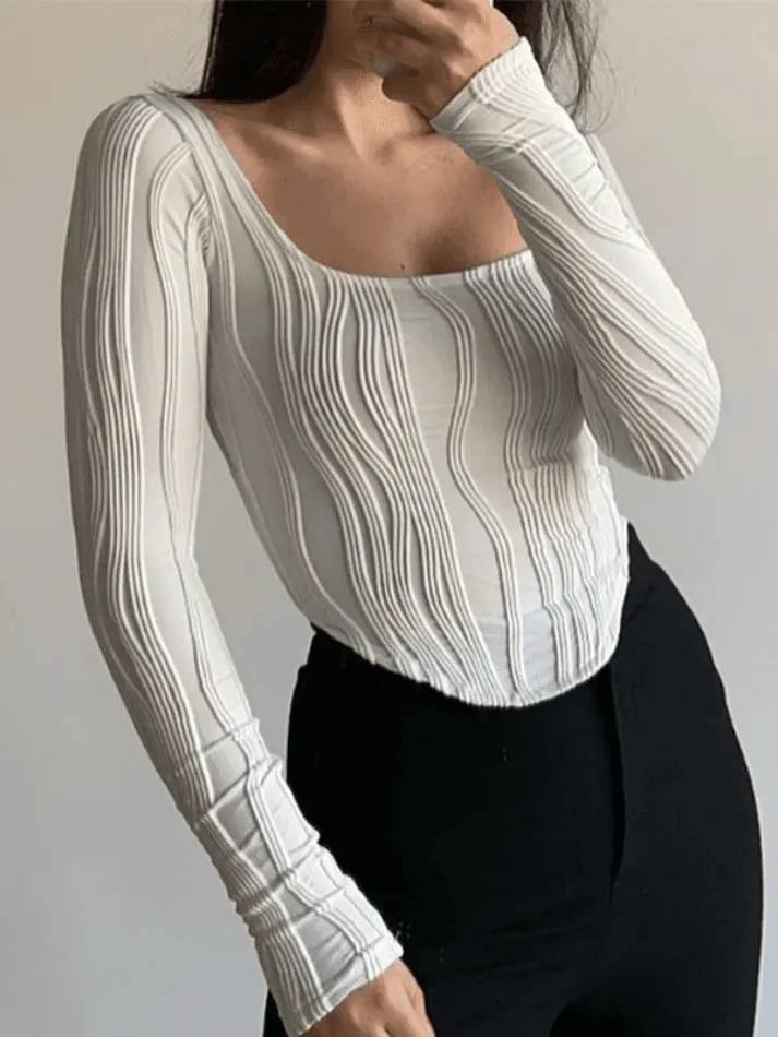 Uniwim Asymmetric Creped White Long Sleeve Crop Top