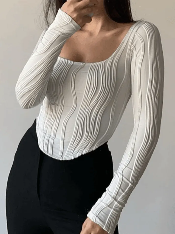Uniwim Asymmetric Creped White Long Sleeve Crop Top
