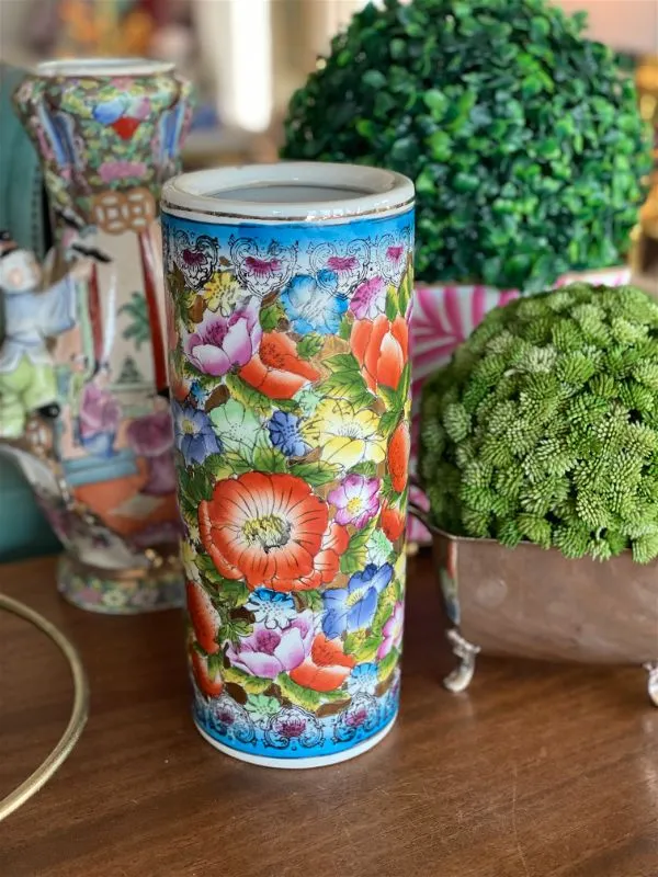 Vintage Floral Asian cylinder vase
