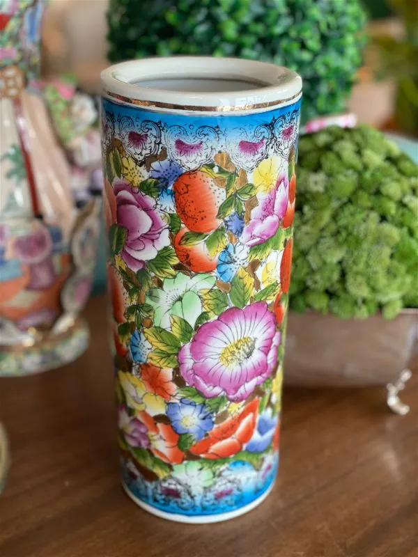 Vintage Floral Asian cylinder vase