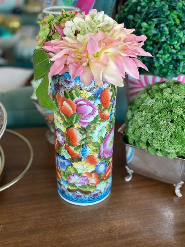 Vintage Floral Asian cylinder vase