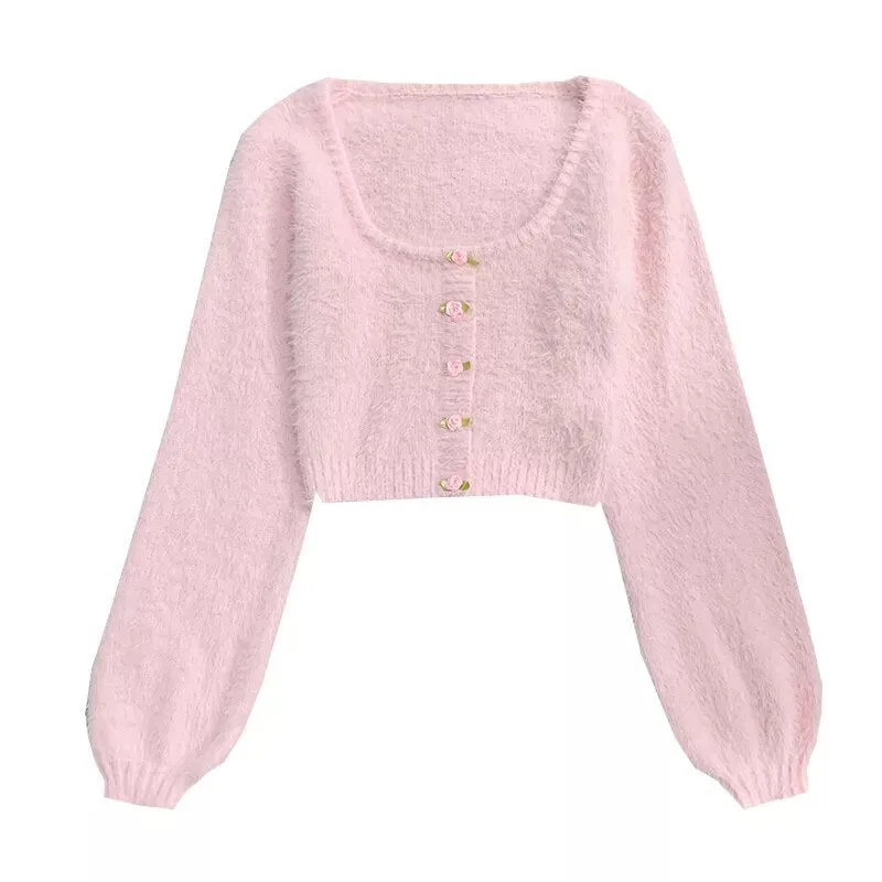 Vintage Rose Fluffy Cropped Cardigan