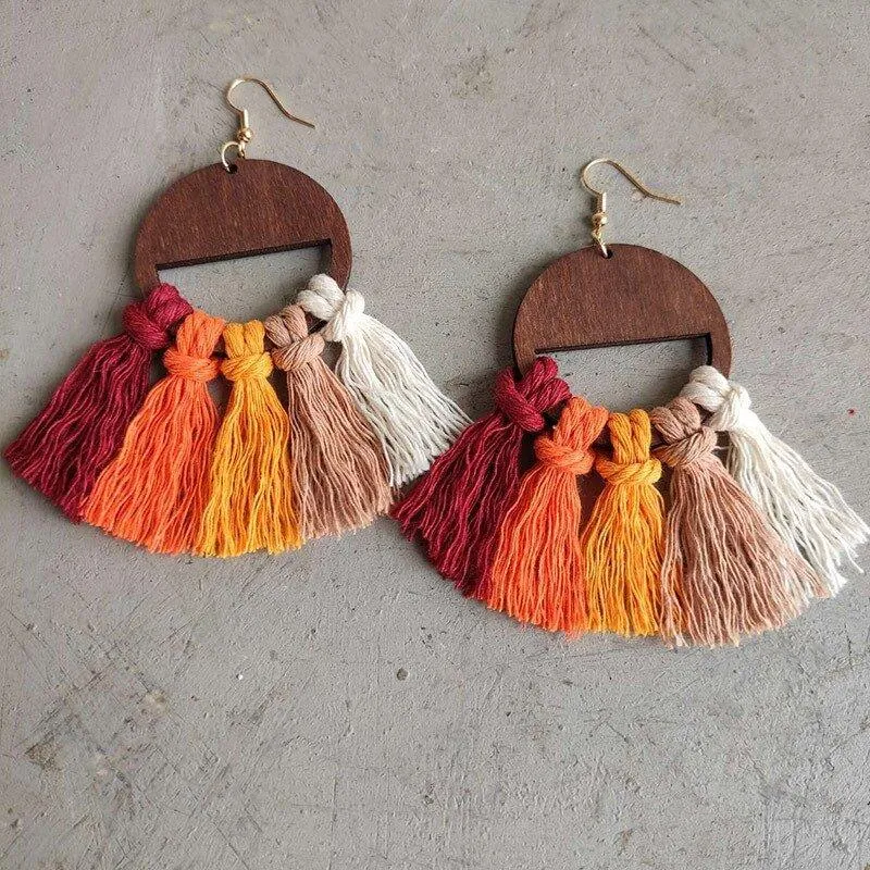 Vintage Wooden Autumn Fringe Tassel Earrings
