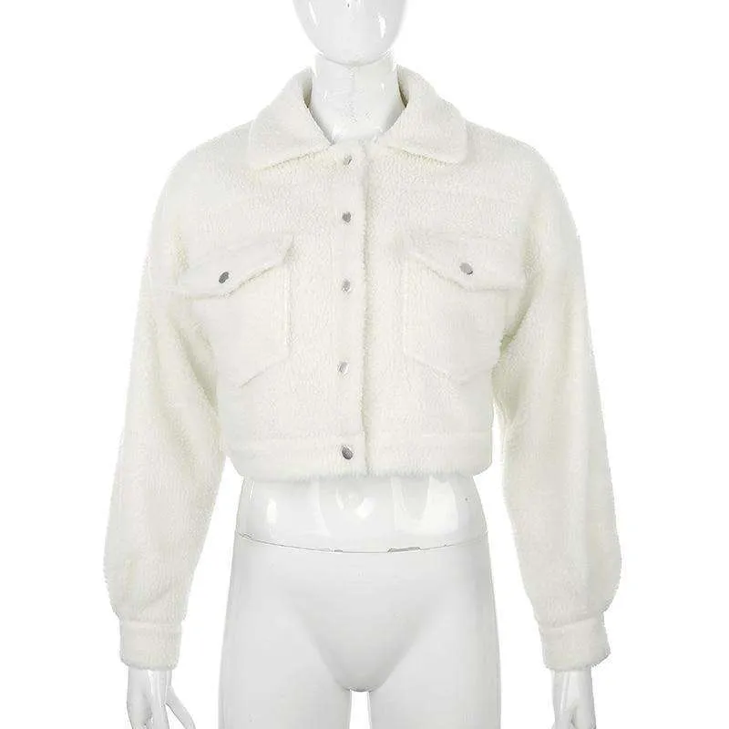 White Cropped Teddy Borg Jacket