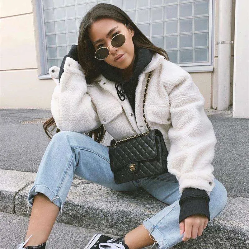 White Cropped Teddy Borg Jacket