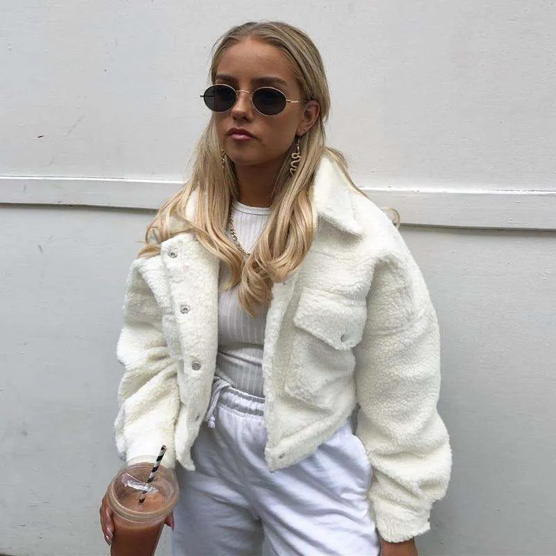 White Cropped Teddy Borg Jacket