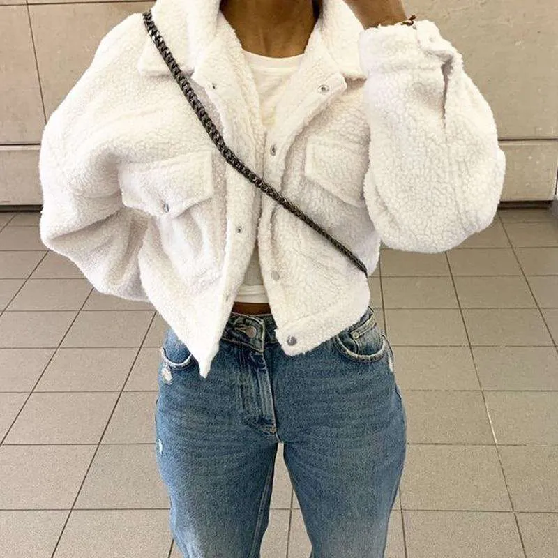White Cropped Teddy Borg Jacket