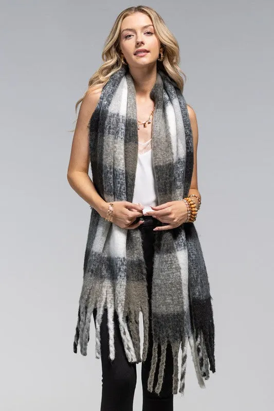 White/Black Brushed Plaid Scarf