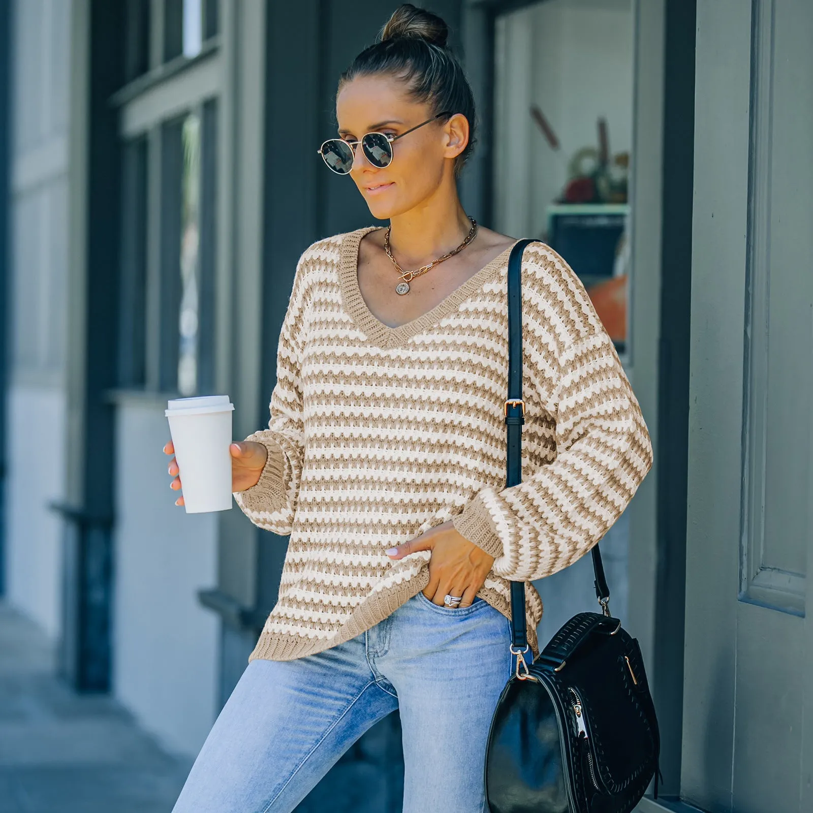 Women Fall Outfits Fall Winter Fashion V-neck Loose Slimming Sweater Pullover