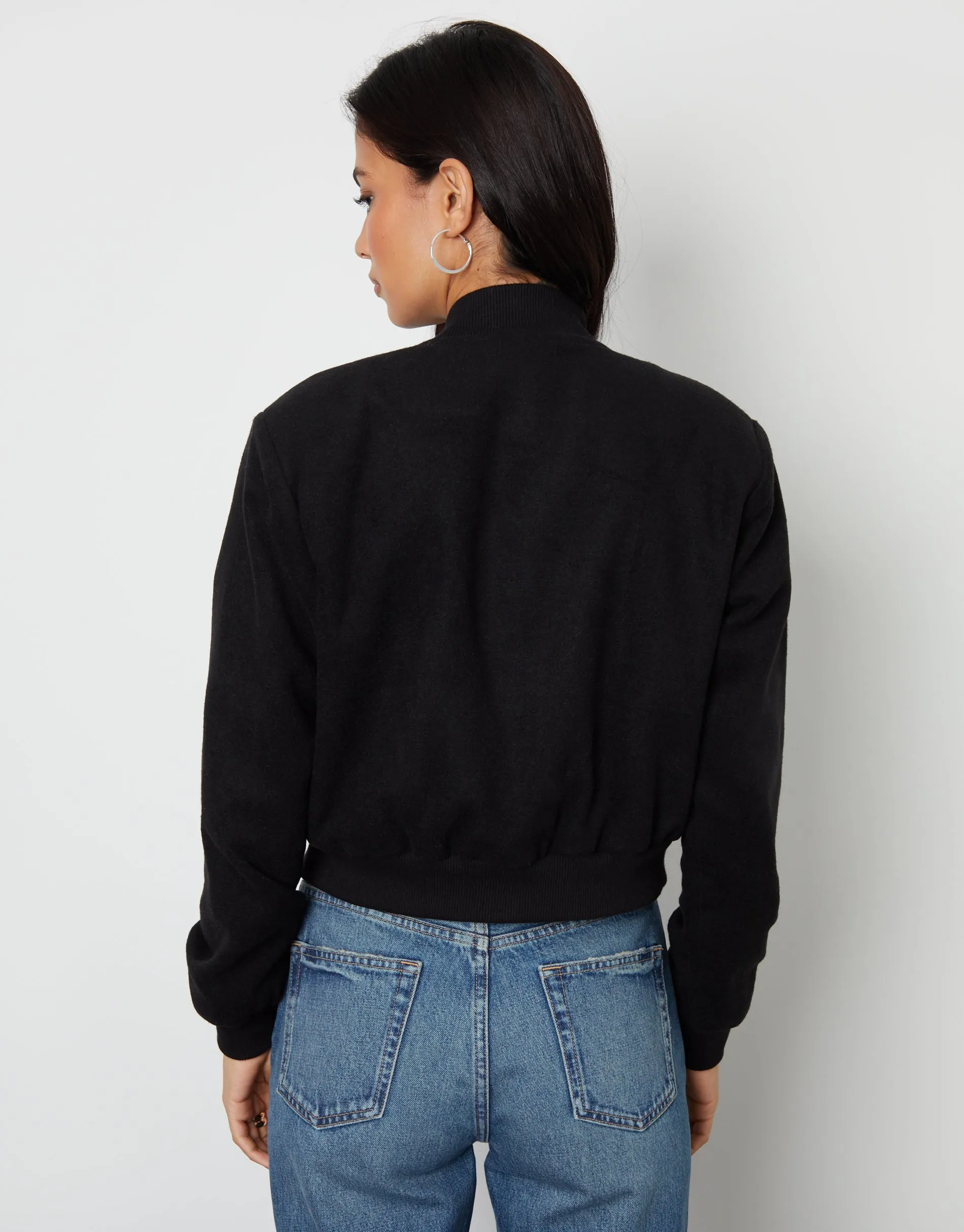 Women's Black Brushed Cropped Bomber Jacket