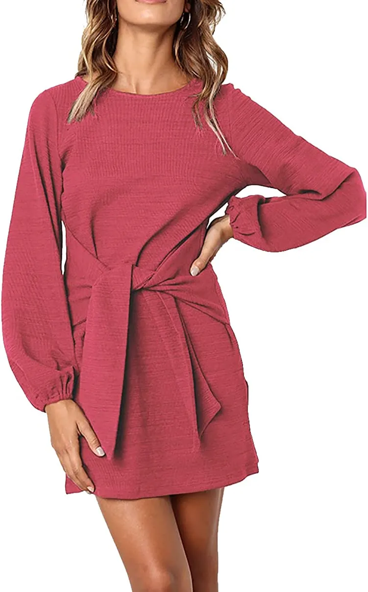 Women's Elegant Long Lantern Sleeve Short Dress Crewneck Tie Waist Knit