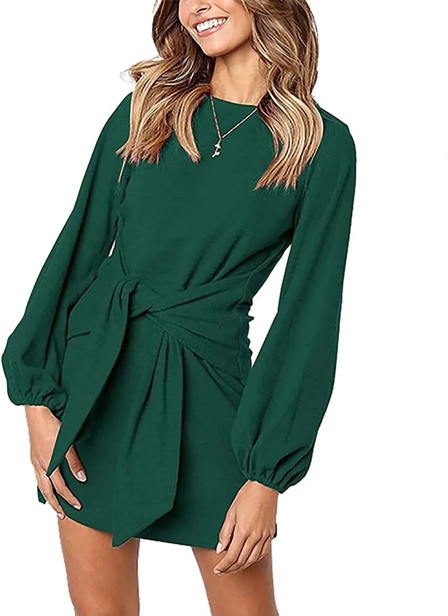 Women's Elegant Long Lantern Sleeve Short Dress Crewneck Tie Waist Knit
