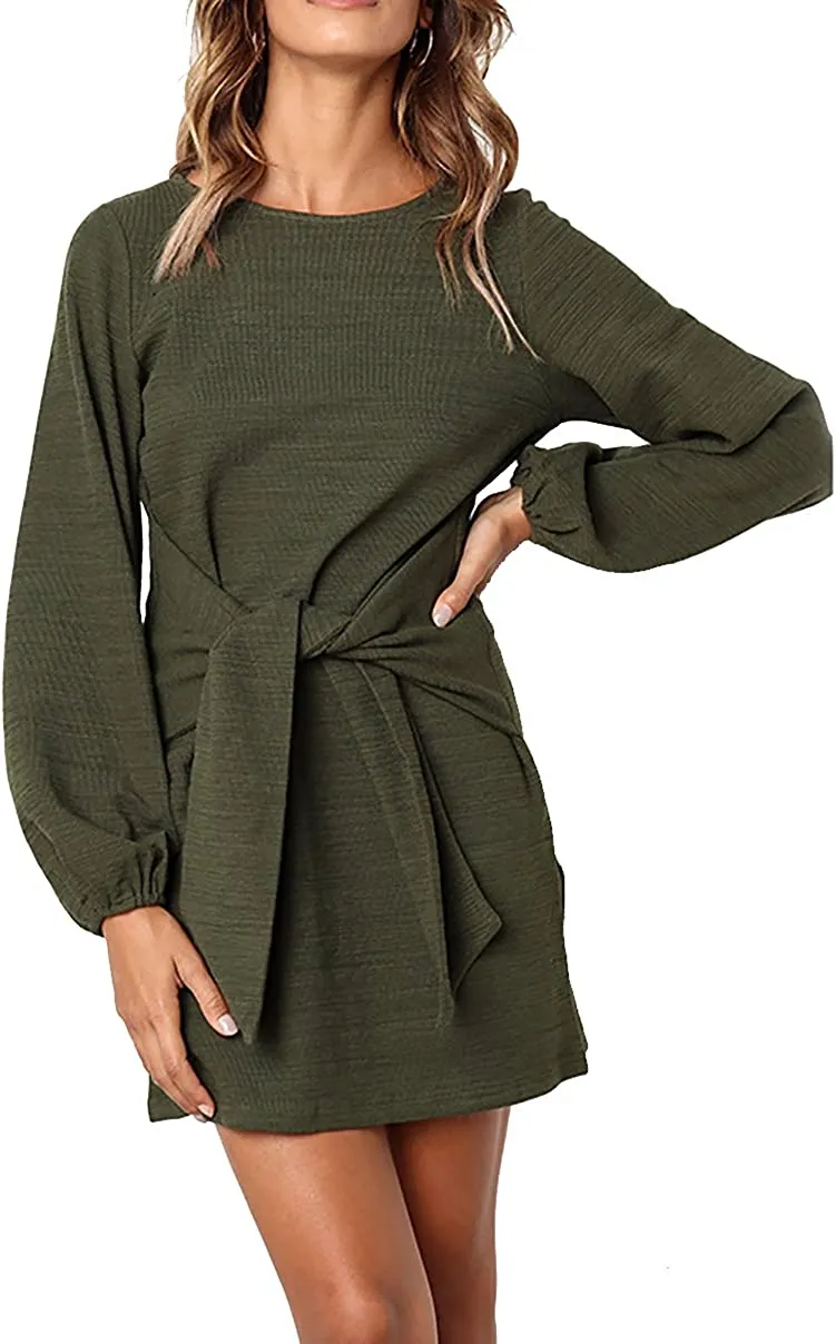 Women's Elegant Long Lantern Sleeve Short Dress Crewneck Tie Waist Knit