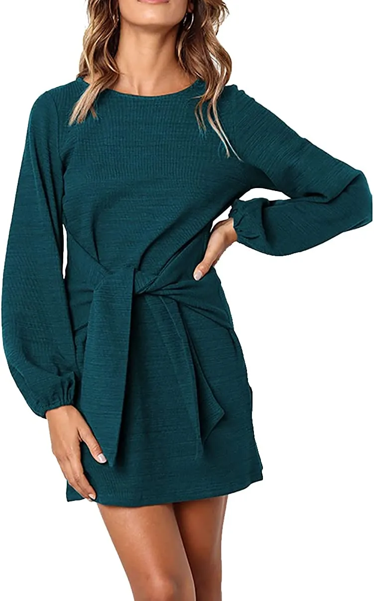 Women's Elegant Long Lantern Sleeve Short Dress Crewneck Tie Waist Knit