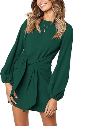 Women's Elegant Long Lantern Sleeve Short Dress Crewneck Tie Waist Knit